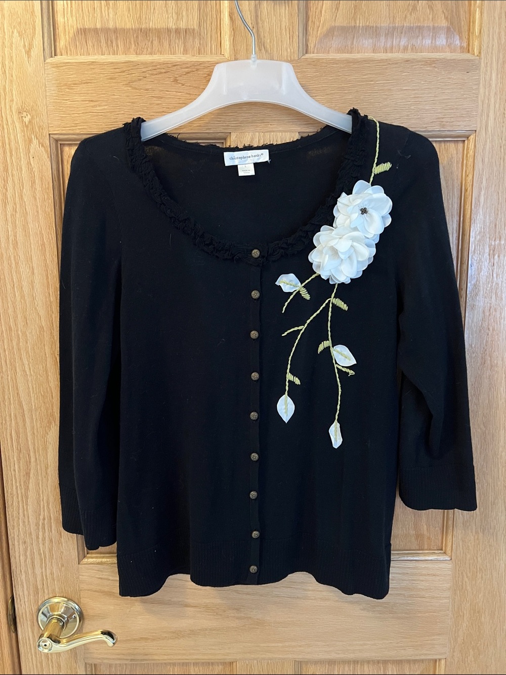 Christopher & Banks Black Cardigan with White Floral Embellishment